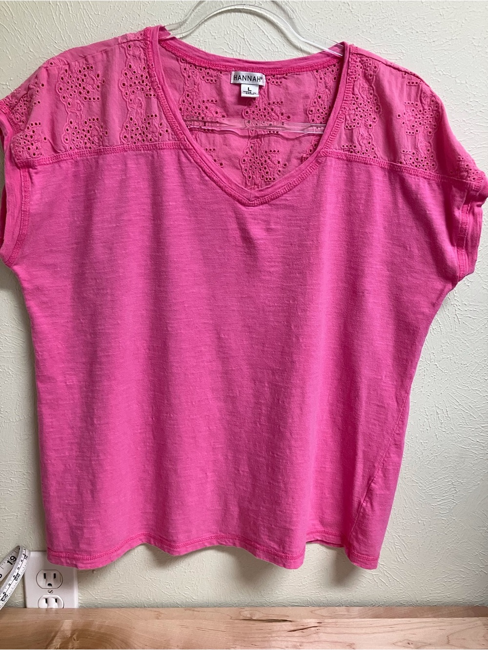 Hannah Hot Pink Eyelet V-Neck Short Sleeve Tee